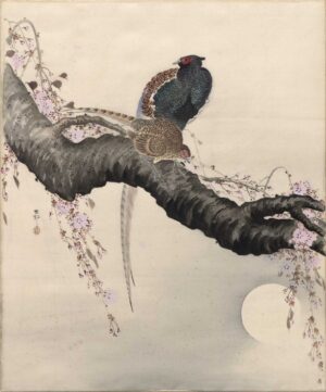 OHARA KOSON, GOLDFASANENPÄRCHEN AUF EINEM KIRSCHBAUMSTAMM MIT BLÜHENDEN ZWEIGEN, Seidenmalerei, 50 x 41,5 cm Koson Ohara