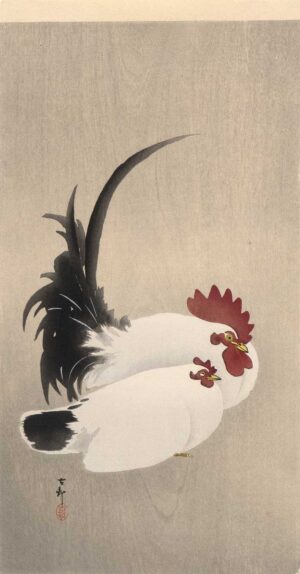 OHARA KOSON, HAHN UND HENNE - ca. 1910, Japanischer Farbholzschnitt, 36,2 x 19 cm Koson Ohara