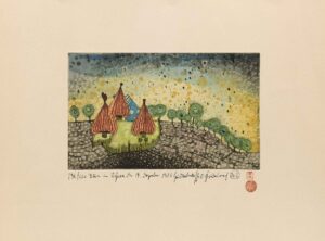 FRIEDENSREICH HUNDERTWASSER, STELL DICH UNTER DIE WIESE ES BEGINNT ZU REGNEN - 1976, Aquatintaradierung, 17,8 x 29,8 cm (37,8 x 53 cm), Werkverzeichnis 762 HWG 69 Hundertwasser Friedensreich