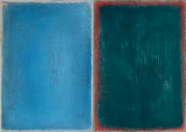 OHNE TITEL - 2022 (hellblau-orange-petrol), MT, Pigmente, Bienenwachs auf Papier auf Hartfaserplatte, 30 x 42 cm Suvat