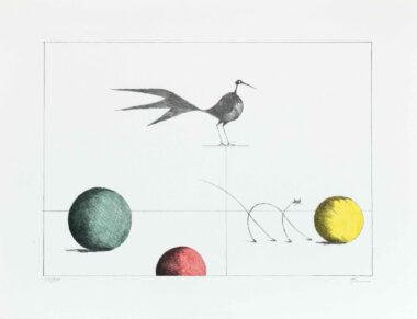 DREI KUGELN, VOGEL UND DÜNNE KATZE - 2001, Farblithographie, Ex.: 33/200, ca. 25 x 35 cm (35 x 45 cm) Flora Paul
