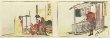 ZWEI FRAUEN SITZEN AN EINER LATERNE und EIN MANN VOR EINEM BRUNNEN - 1804, Japanischer Farbholzschnitt, 12,9 x 38,3 cm Hokusai Katsushika