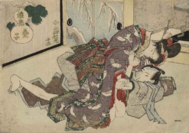 KEISAI EISEN, Blatt aus einem Shungabuch - um 1840, Japanischer Farbholzschnitt, 9,1 x 12,5 cm Eisen Keisai