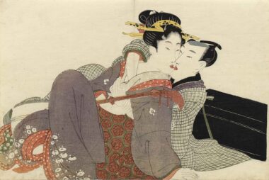 KITAGAWA UTAMARO, Deckblatt einer Reihe von Shunga Blättern - ca. 1800 - 1805, Japanischer Farbholzschnitt, 25,5 x 38,1 cm Utamaro Kitagawa