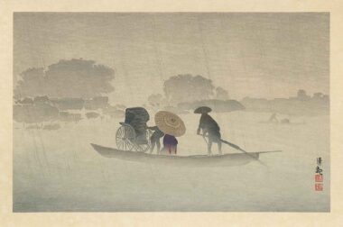 KOBAYASHI KIYOCHIKA, TAKEYA FÄHRE UND MATSUCHIYAMA IM FRÜHLINGSREGEN - ca. 1900, Japanischer Farbholzschnitt, 27,1 x 40,2 cm Kiyochika Kobayashi