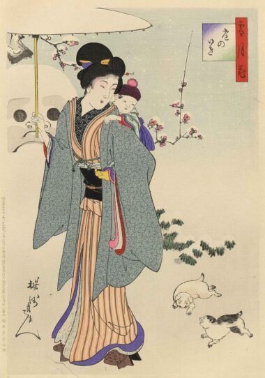 TOYOHARA CHIKANOBU, SCHNEE, MOND UND BLUMEN (SCHNEE IM HAUSGARTEN) - 1898, Japanischer Farbholzschnitt, 35,6 x 23,6 cm Chikanobu Toyohara