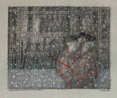 VENEZIANISCHER WINTER - 1998, Federzeichnung, Farbstifte auf Papier, ca. 13 x 16 cm (17,2 x 24,5 cm) Flora Paul