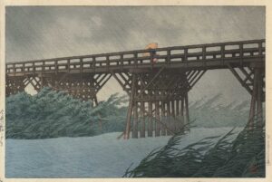 ABENDLICHER SCHAUER AN DER IMAI-BRÜCKE - 1932, Japanischer Farbholzschnitt, 26,5 x 39,4 cm Hasui Kawase