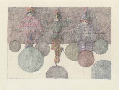 AKROBATISCHE HARLEKINE - 1981, Federzeichnung, Farbstifte auf Papier, ca. 25 x 35 cm (32,4 x 43 cm) Flora Paul