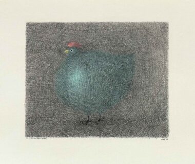 EIN FETTES GRÜNES HUHN - 1985, Federzeichnung, Farbstifte auf Papier, ca. 20,5 x 25,5 cm (30,7 x 40,3 cm) Flora Paul