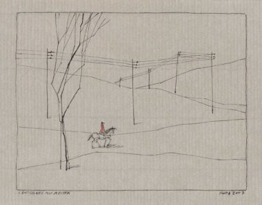 LANDSCHAFT MIT REITER - 2003, Federzeichnung, Farbstift auf Papier, 14,5 x 18,6 cm (17,6 x 24,3 cm) Flora Paul