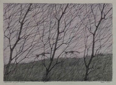 LANDSCHAFT MIT ZWEI HUNDEN - 2001, Federzeichnung, Farbstifte auf Papier, ca. 25 x 35 cm (28,3 x 38,8 cm) Flora Paul
