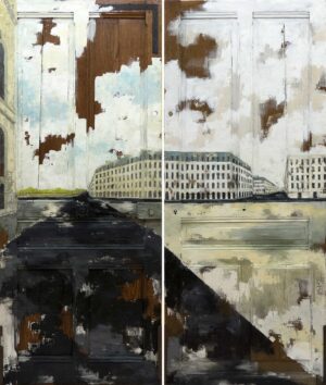 PARIS, RUE DE RIVOLI - 2025, Mischtechnik auf Holztür, 213 x 89,5 cm Salzmann Nieves