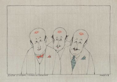 SCHÖNE GLATZEN, KÜRZLICH GEKÜSST - 2003, Federzeichnung, Farbstifte auf Papier, 13,8 x 20,7 cm (16,9 x 24,6 cm) Flora Paul