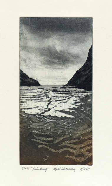 MÜNDUNG - 2023, Aquatintaradierung, Exemplar: 3/100, 19,8 x 9,5 cm (26,7 x 19,3 cm) Pohl Susanne