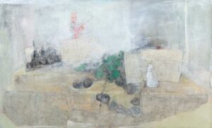 GEDANKEN - 2026, Öl, Collage auf Holz, 89 x 146 cm Bottet Nicole