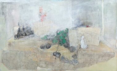 GEDANKEN - 2026, Öl, Collage auf Holz, 89 x 146 cm Bottet Nicole