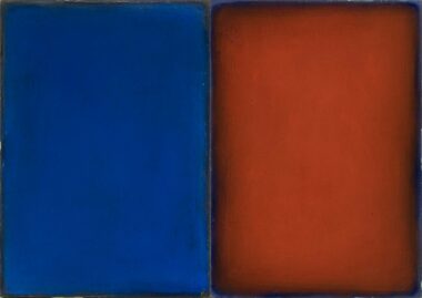 OHNE TITEL - 2022 (blau-rot), MT, Pigmente, Bienenwachs auf Papier auf Hartfaserplatte, 30 x 42 cm Suvat