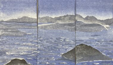 WOLKENBERG 20 - 2024, Farbholzschnitt, Aquarellfarbe, Triptychon, Exemplar: 2/8, 3 Teile je 27 x 15,6 cm Richter Wolfgang