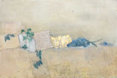 LEISE WORTE - 2025, Öl, Collage, Blattgold auf Holz, 53,8 x 80,7 cm Bottet Nicole