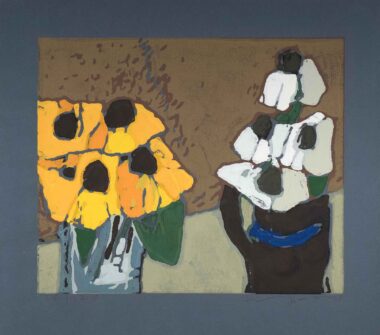 RUDBECKIA UND MARGERITEN - 1998, Farblinolschnitt, 32 x 38,4 cm (43,2 x 48,5 cm) Fussmann Klaus