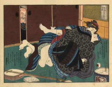 UTAGAWA KUNISADA, Blatt aus einem Shungabuch - um 1845/1850, Japanischer Farbholzschnitt, 24,5 x 27,7 cm Kunisada Utagawa