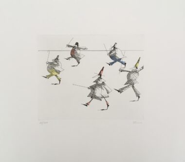 EILENDE FIGUREN - 2001, Radierung, handkoloriert, Exemplar: 57/200, 19,8 x 24,6 cm (39,3 x 44,3 cm) Flora Paul