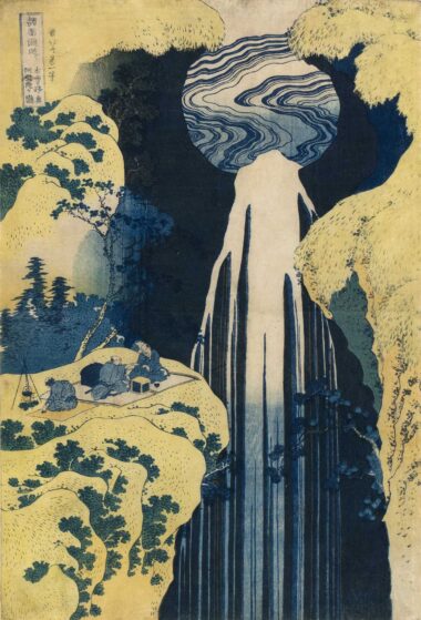 KATSUSHIKA HOKUSAI, AMIDA-WASSERFALL AN DER KISOKAIDO-STRASSE - um 1832, aus "Eine Reise zu den Wasserfällen aller Provinzen", Japanischer Farbholzschnitt, 36,4 x 24,6 cm