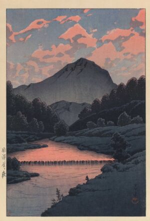KAWASE HASUI, ROSA WOLKEN ÜBER DEM BERG KAMAGA - 1933, Japanischer Farbholzschnitt, 36,1 x 24,3 cm (39,9 x 26,4 cm) Hasui Kawase