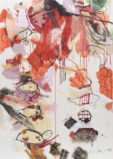 MOIRA, SCHAMHAFT IM ROT DIE STRIPPEN ZIEHEND - 2025, Mischtechnik auf Leinwand, 140 x 100 cm Stifter Wolfgang