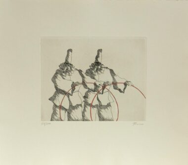 PULCINELLEN MIT REIFEN - 1997, Radierung, Exemplar: 54/200, 19,8 x 24,5 cm (39,6 x 44,7 cm) Flora Paul