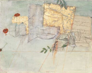 STILLLEBEN - 2026, Öl, Collage, Bleistift, Blattgold auf Papier, 23,8 x 30,3 cm Bottet Nicole